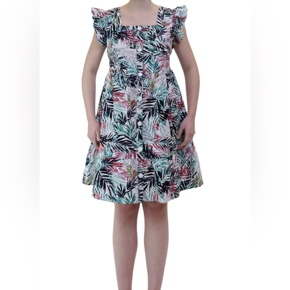BeachLunchLounge Tropical Leaves Delia Dress Mini Linen Blend Flutter Sleeves L